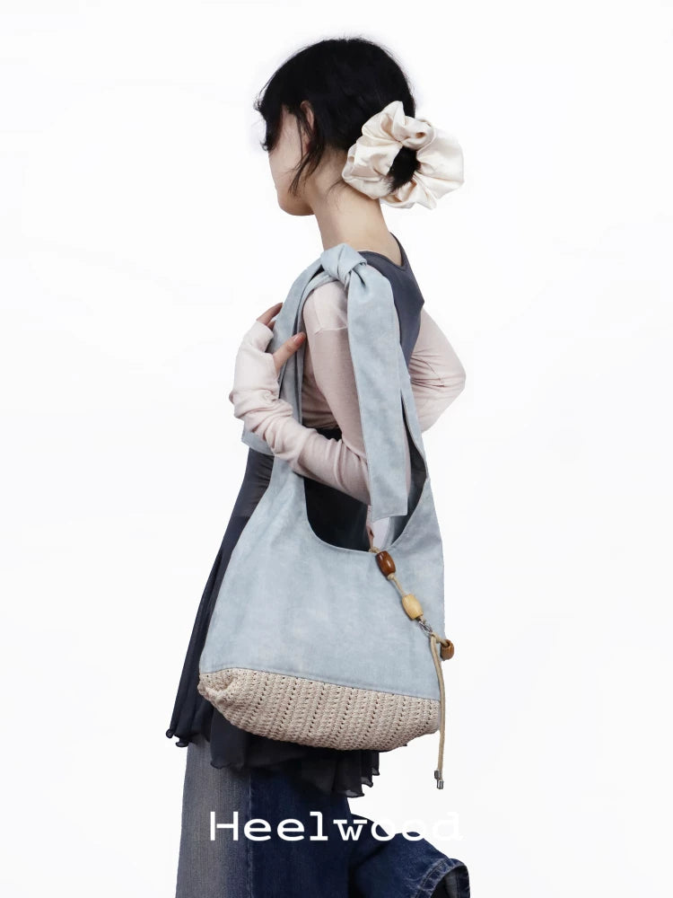 Heelwood Woven Spliced Denim Leather Shoulder Messenger Bag