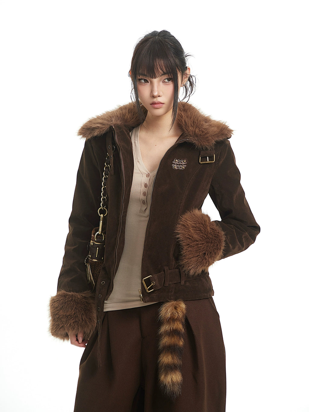 UNCMHISEX Vintage Fur Collar Stitched Deerskin Velvet Cotton Suit