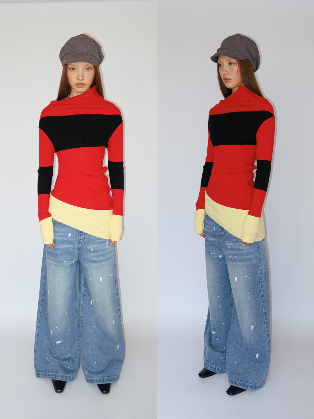 FUNKYFUN Contrasting Color Retro Spliced Slanted Shoulder Knitted Sweater
