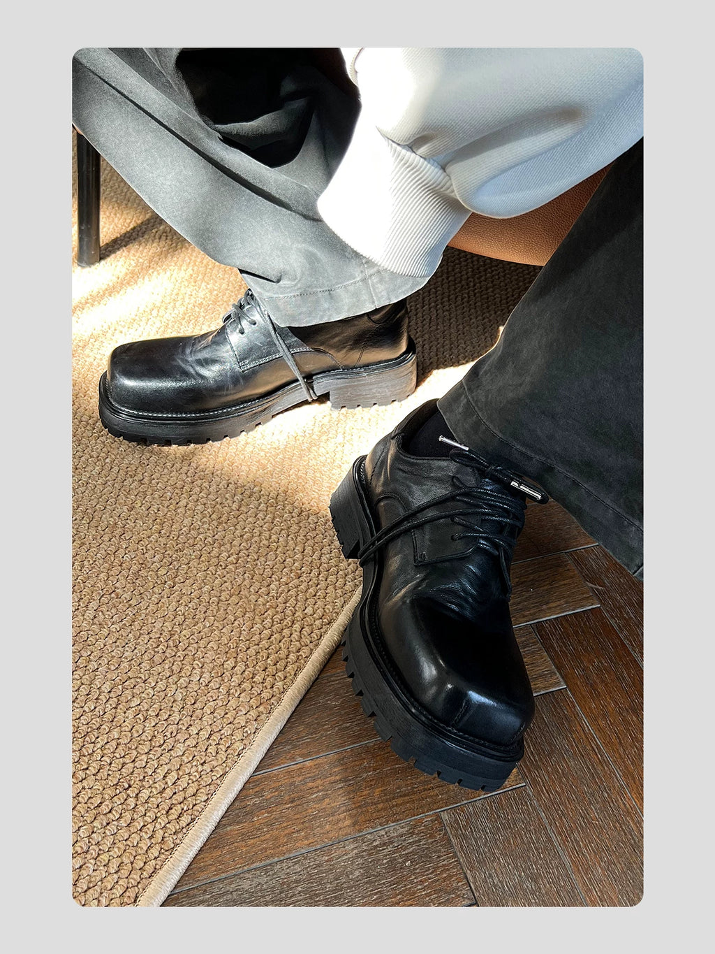 HANQIAORJI Cowhide Square Head Height-increasing Casual Leather Shoes
