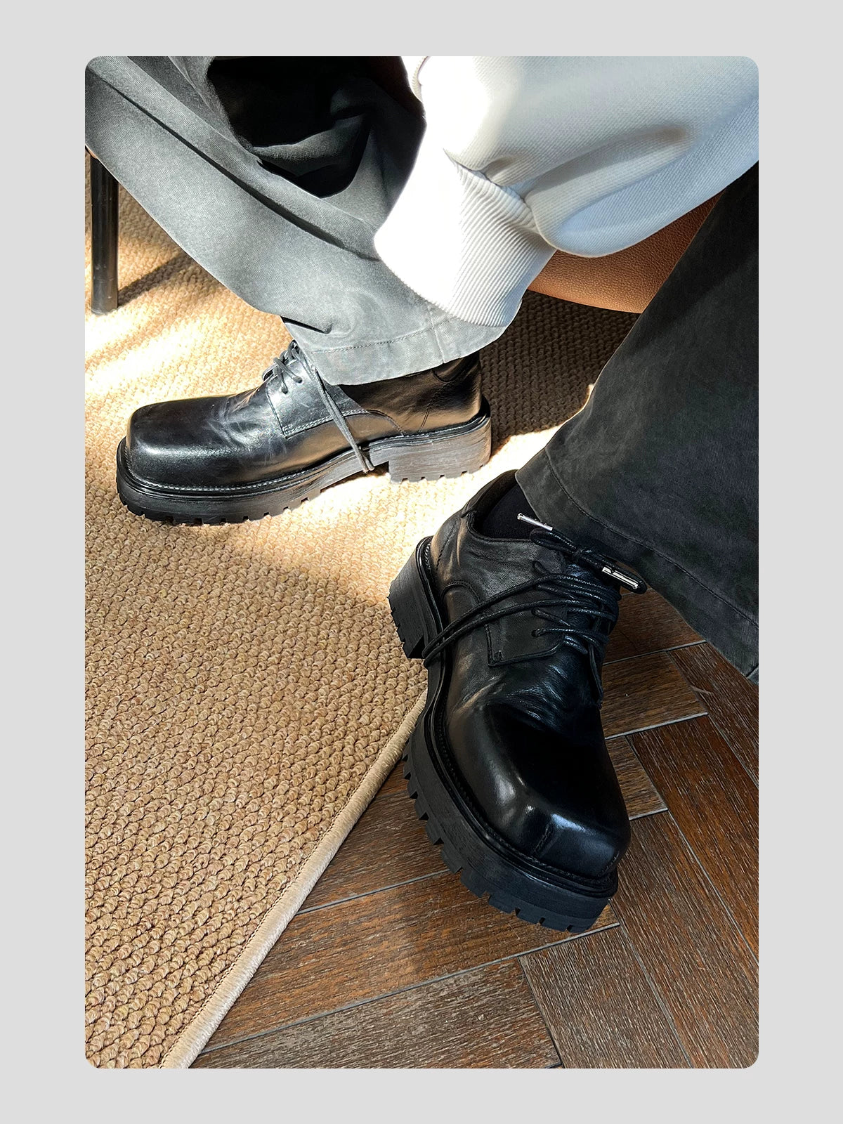 HANQIAORJI Cowhide Square Head Height-increasing Casual Leather Shoes