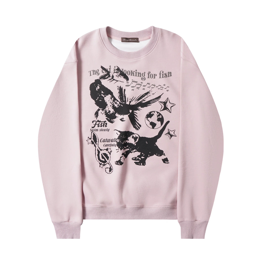 Zuocisankon Retro Cat Print Crew Neck Fleece Sweater