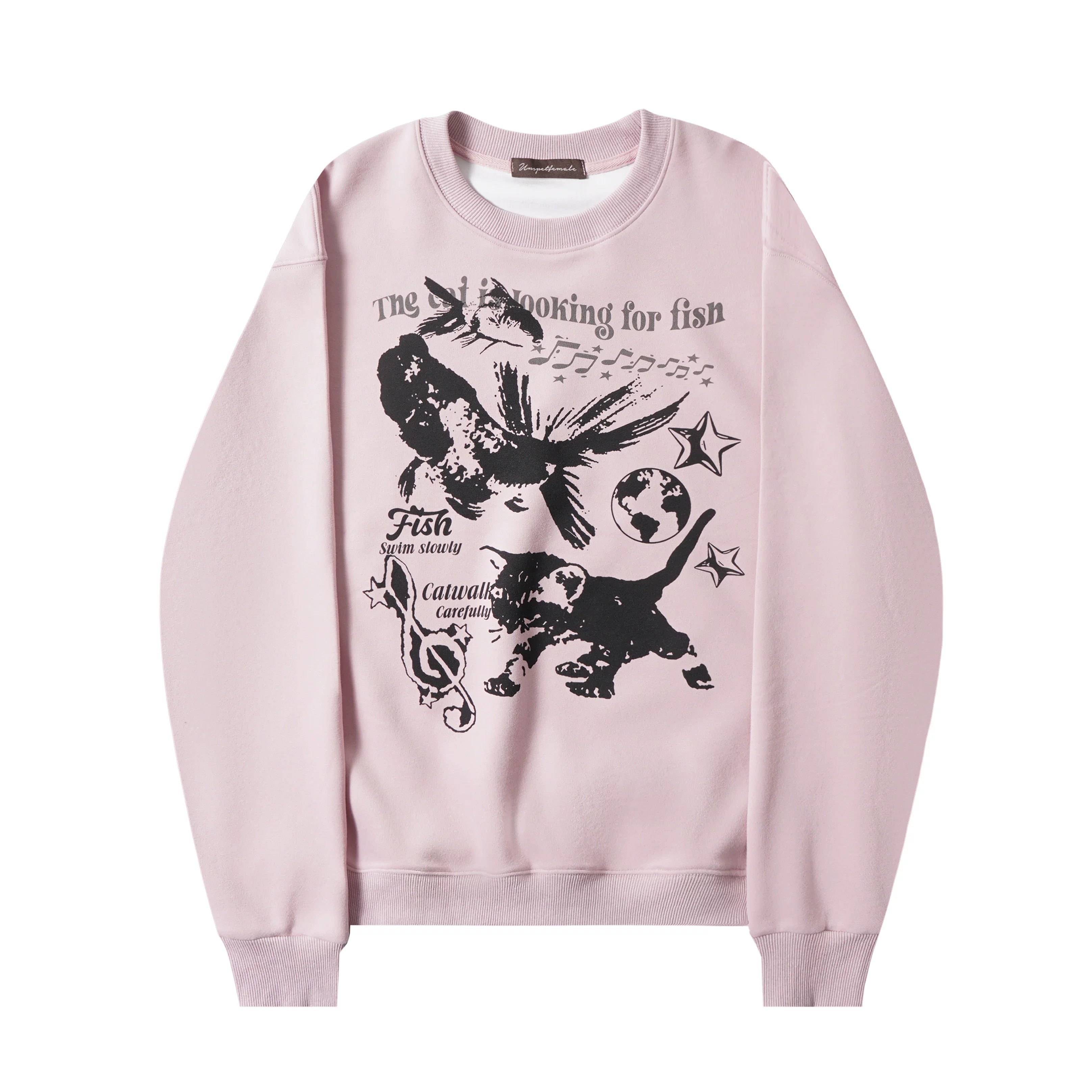 Zuocisankon Retro Cat Print Crew Neck Fleece Sweater