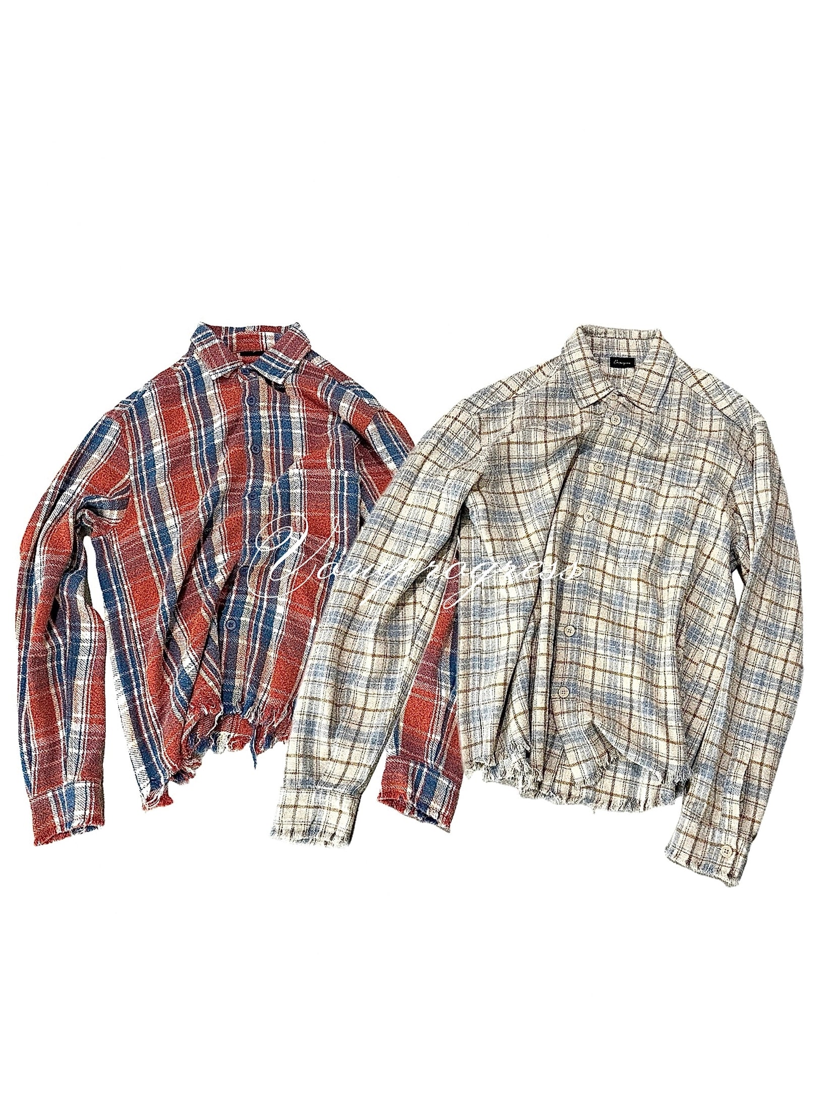 VOWPROGRESS Flannel Fringed Check Shirt Long Sleeves
