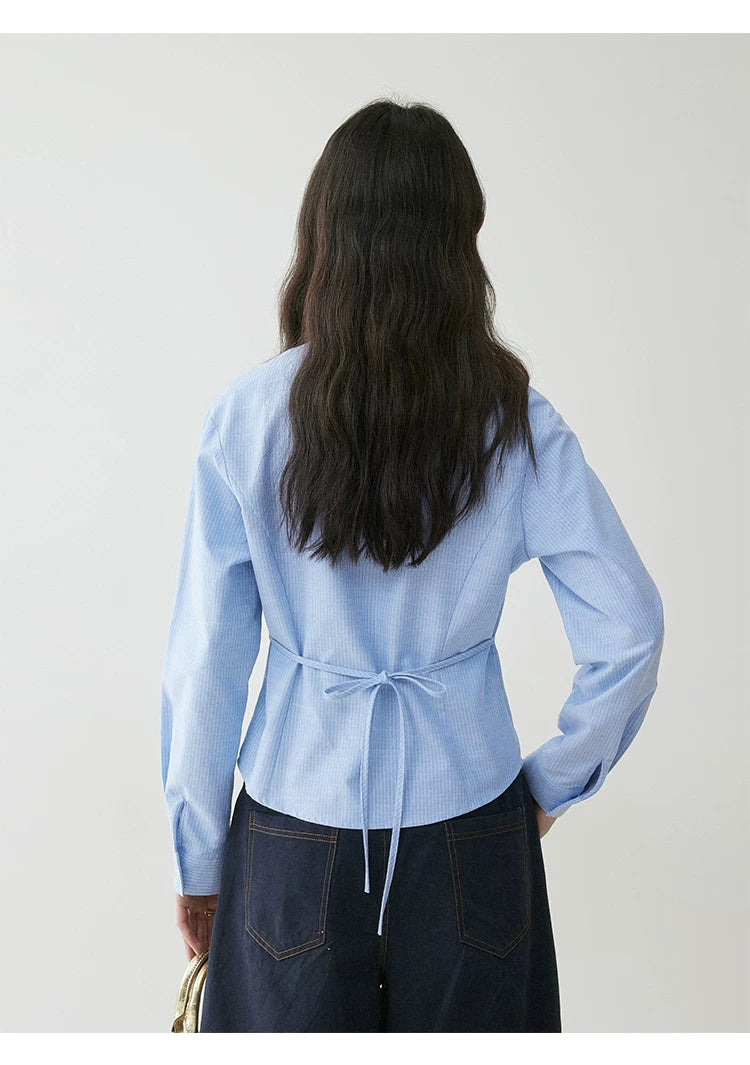VOOE Irregular Lapel Striped Waist Shirt