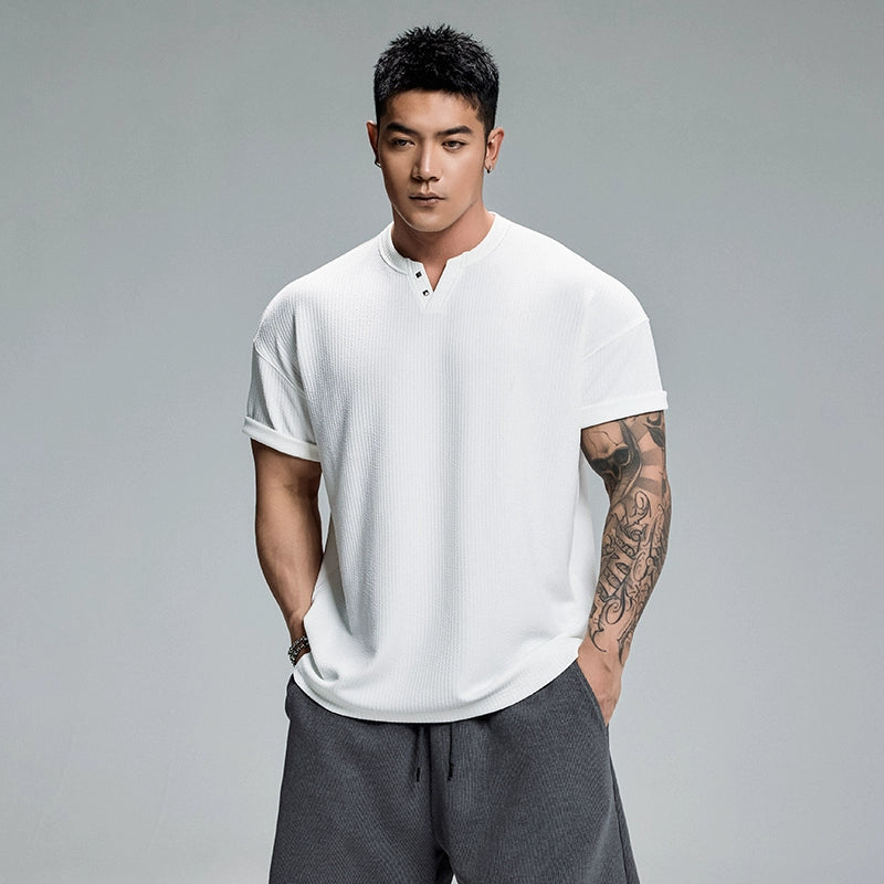 Muscle Dog Banged Nailed Loose Casual Henley Shirt Tee