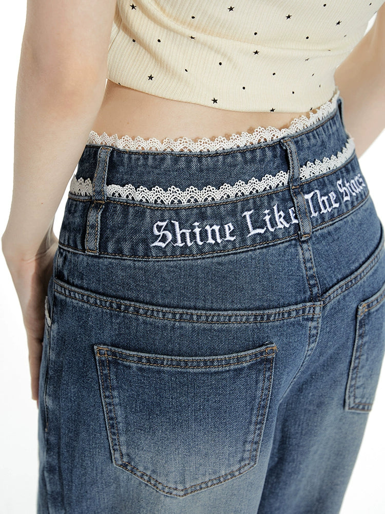 Imone Vintage Lace Double Waist Straight Wide Leg Pants Jeans