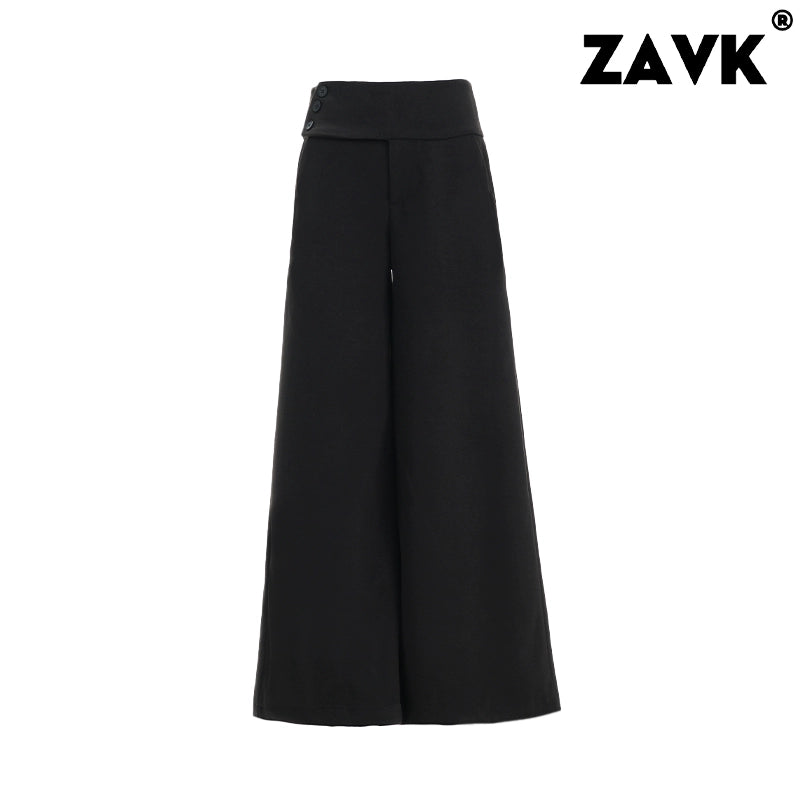 ZAVK Side Waist Button Skinny Wide Leg Pants