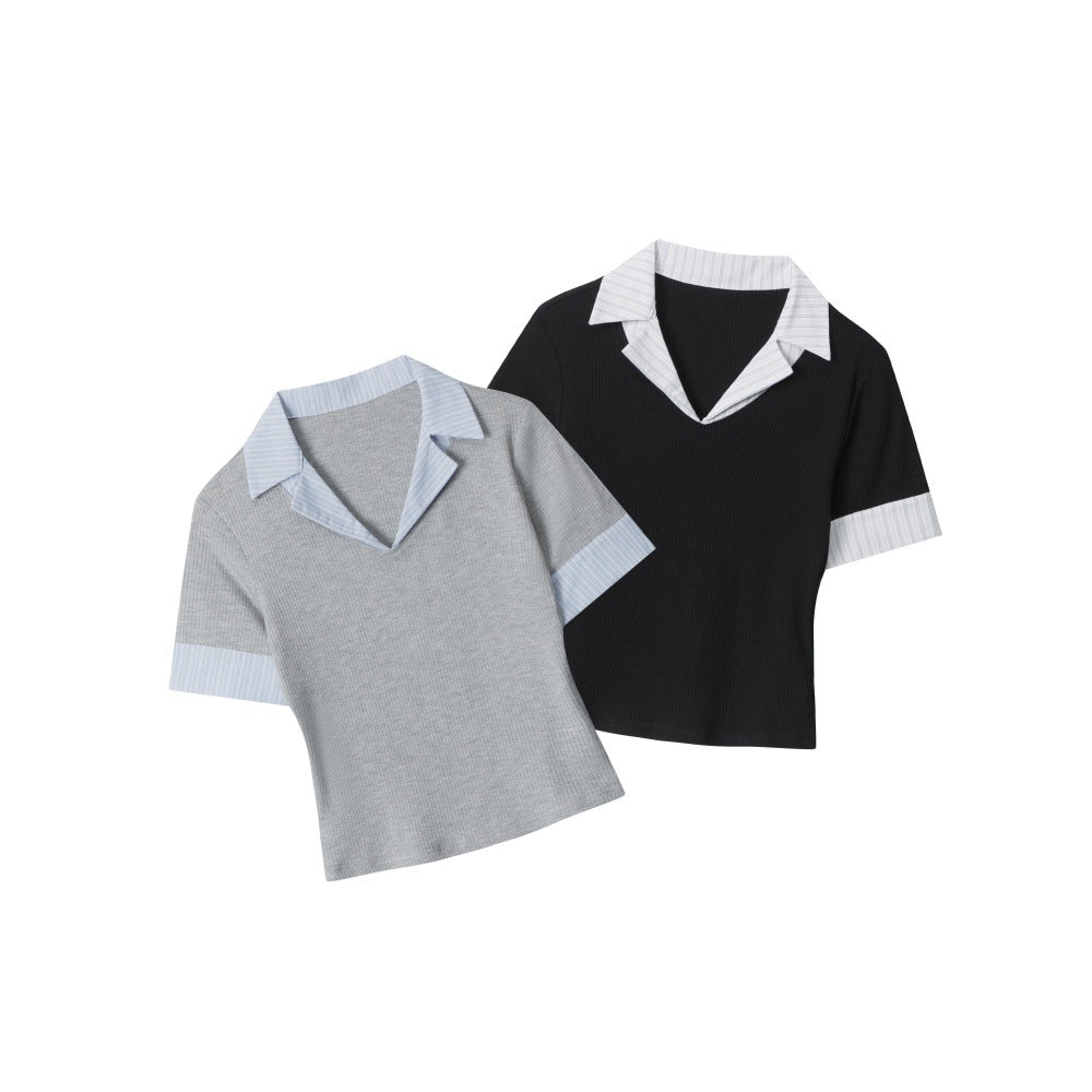 HeyHenry V-neck Fake Two-piece Polo Shirt Front Shoulder Tee