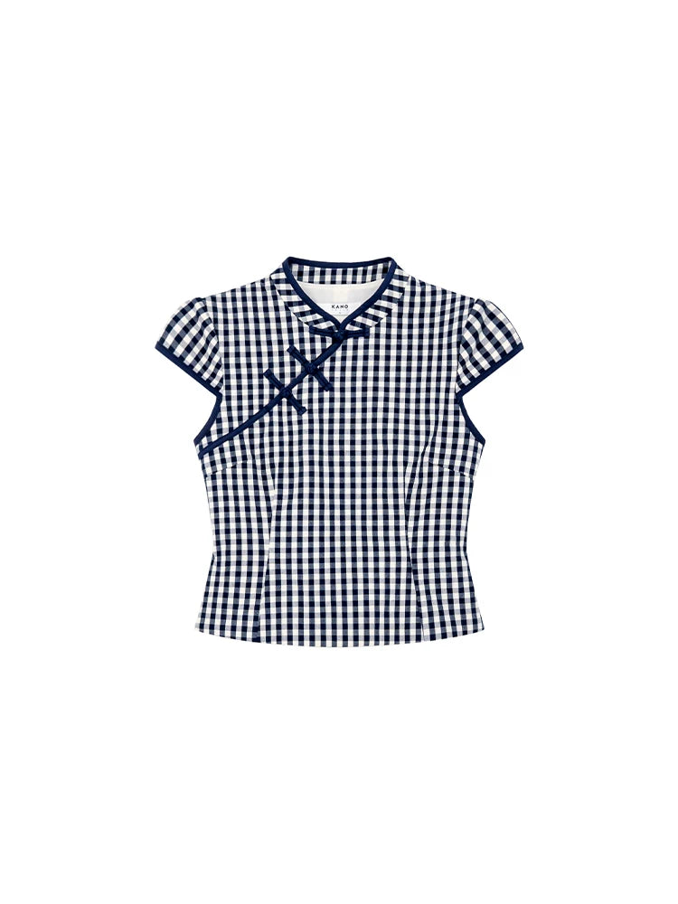 KANO Stand-up Collar Plaid Casual Tee
