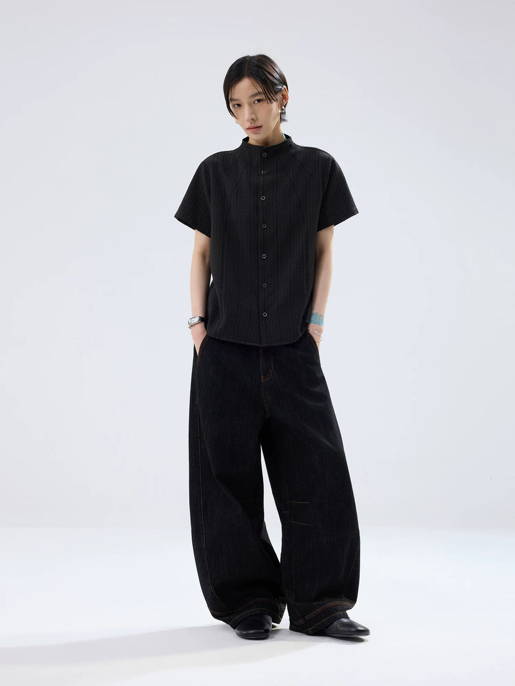 Sameuoo Small Stand-collar Striped Short-sleeve Shirt