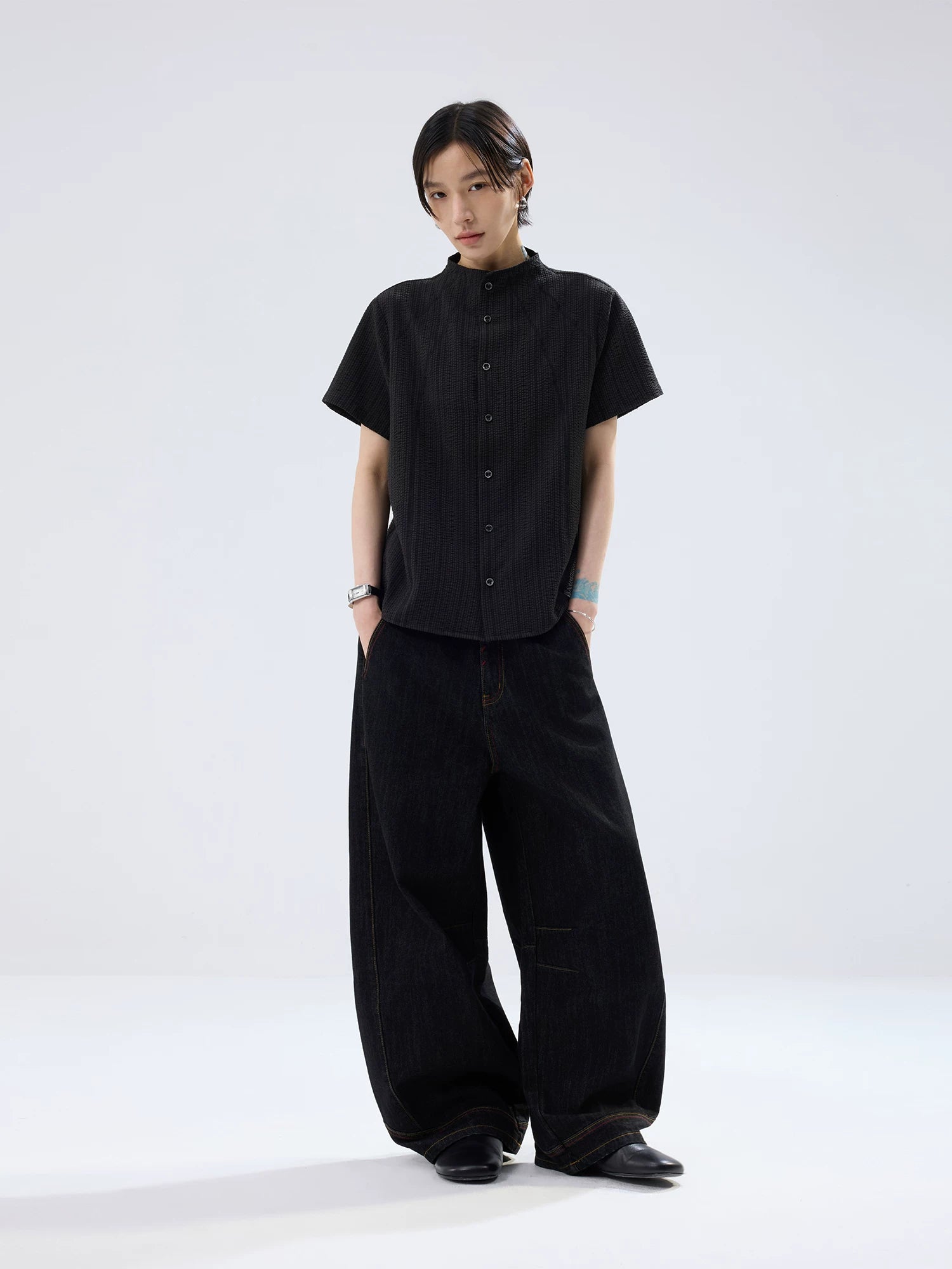 Sameuoo Small Stand-collar Striped Short-sleeve Shirt