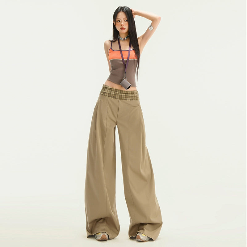 KPSR Splicing Checked Casual Loose Wide-leg Pants
