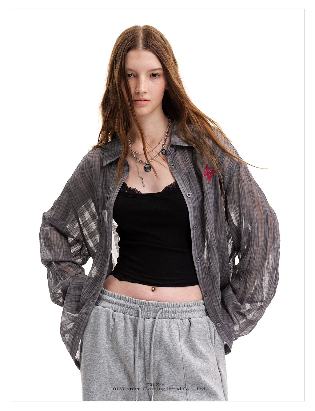 0123Start Plaid Embroidery Slightly Wrinkled Thin Shirt Jacket