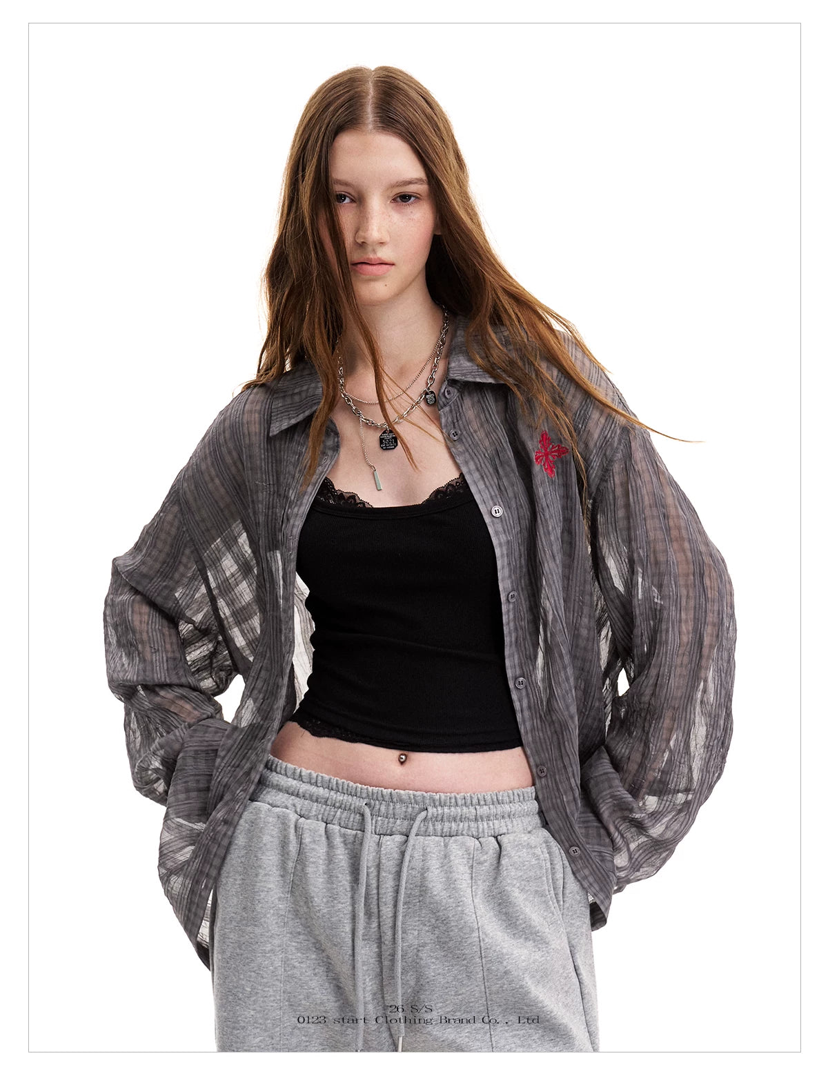 0123Start Plaid Embroidery Slightly Wrinkled Thin Shirt Jacket