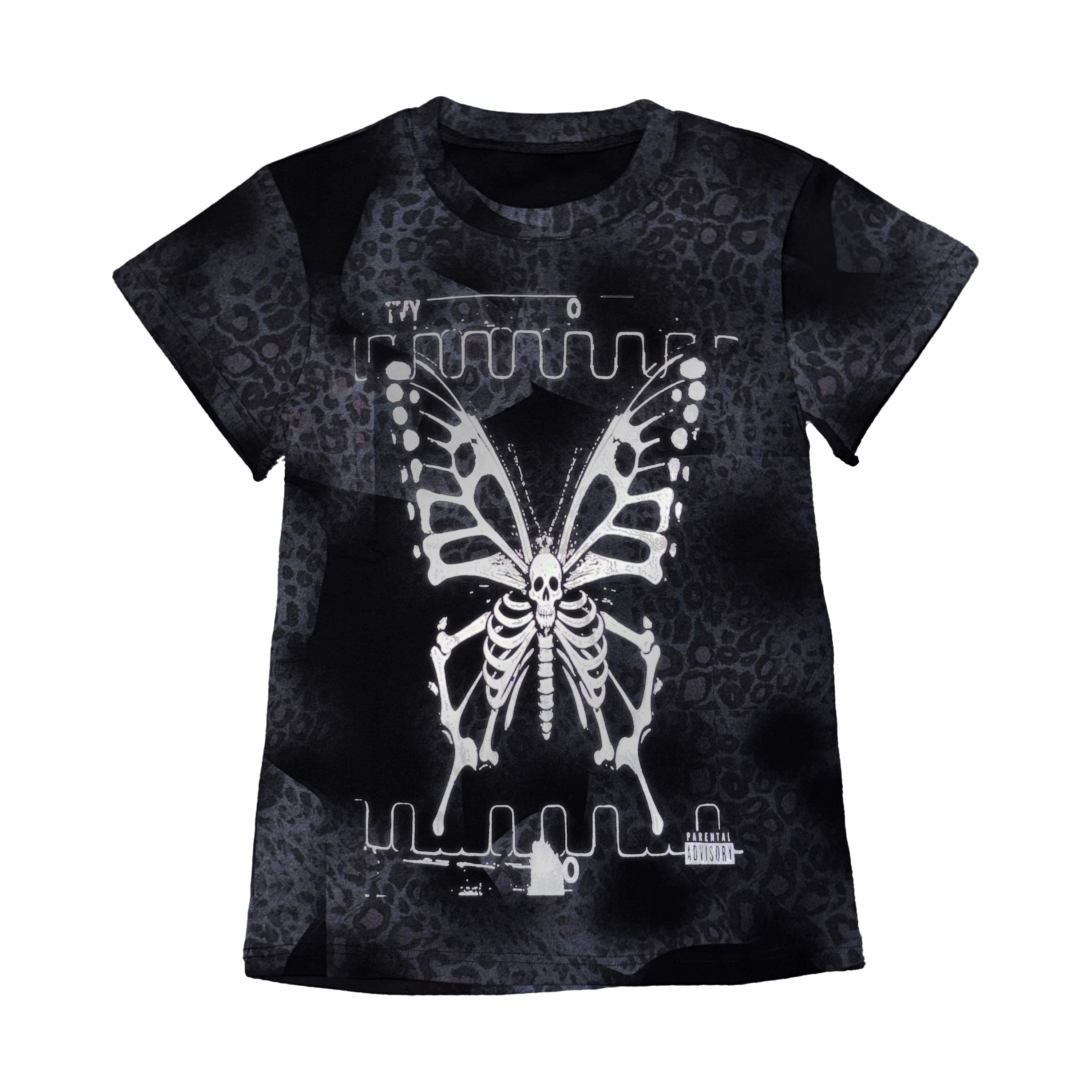PAIKI Butterfly Leopard Print Hot Silver Front Shoulder Round Neck Tee