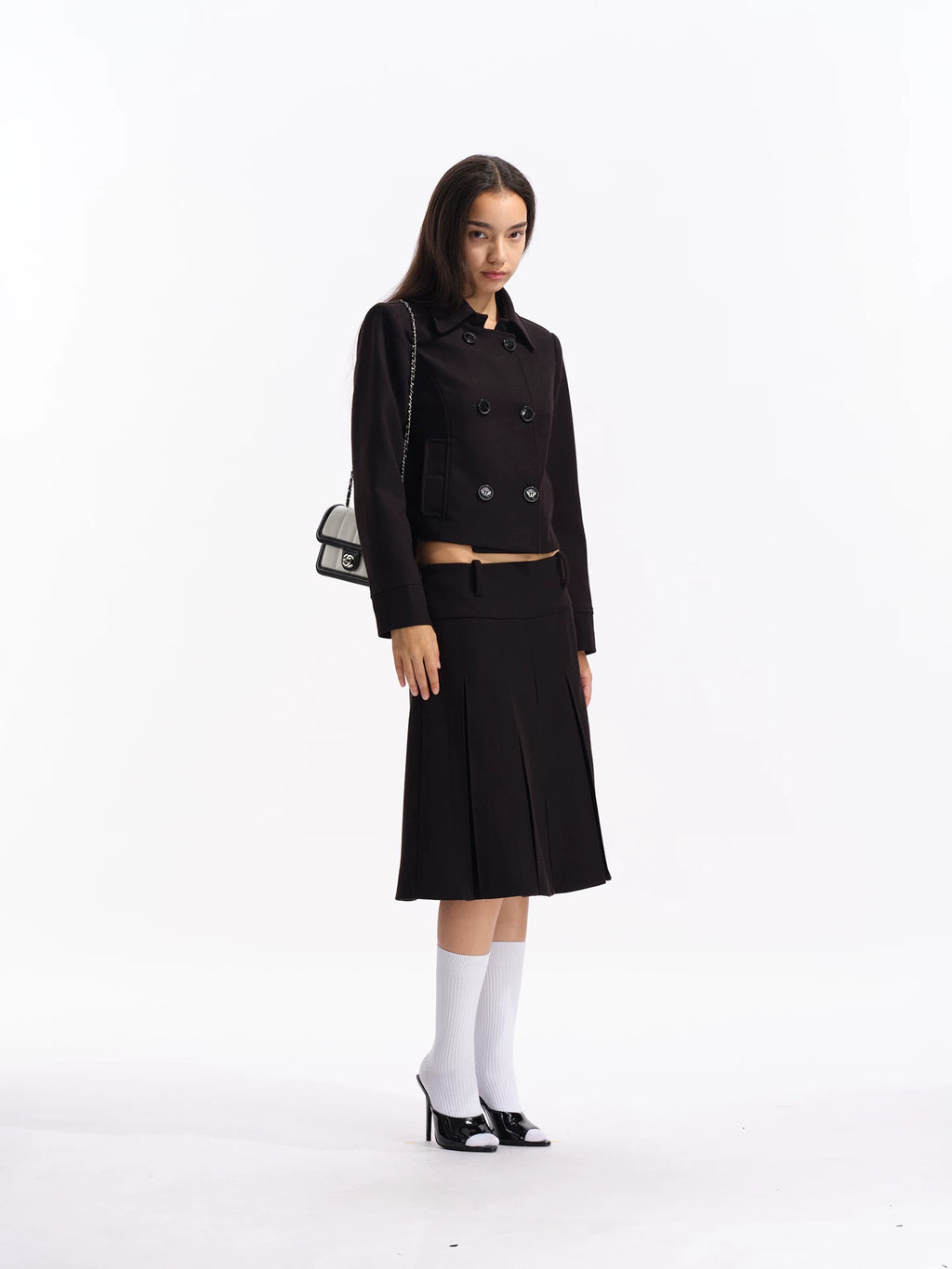 Two Little Guys Retro Double-breasted Jacket + Low-rise Suit Pleated Skirt