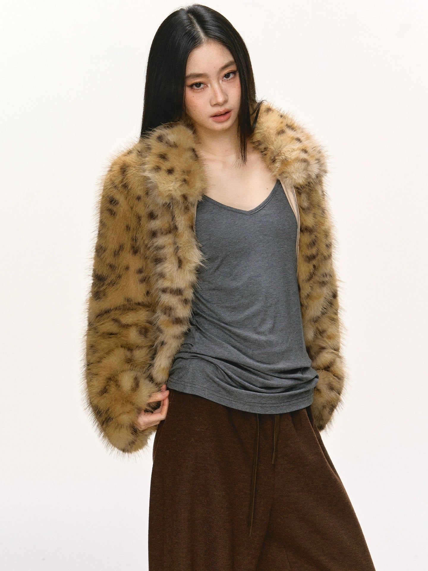 Anna Aneae Leopard Print Premium Lapel Thickened Short Fluffy Jacket