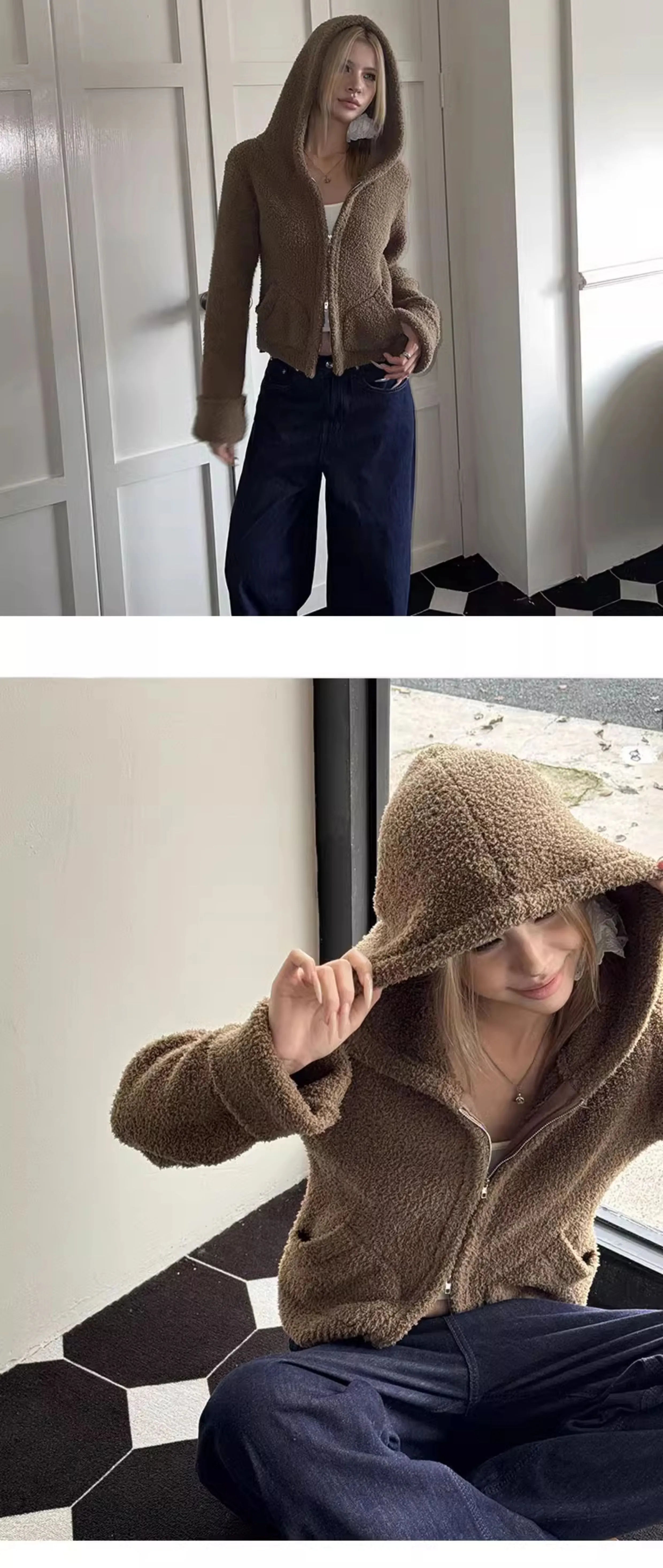 Audwyn Soft Waxy Vintage Hooded Double Zip Knitted Cardigan Jacket