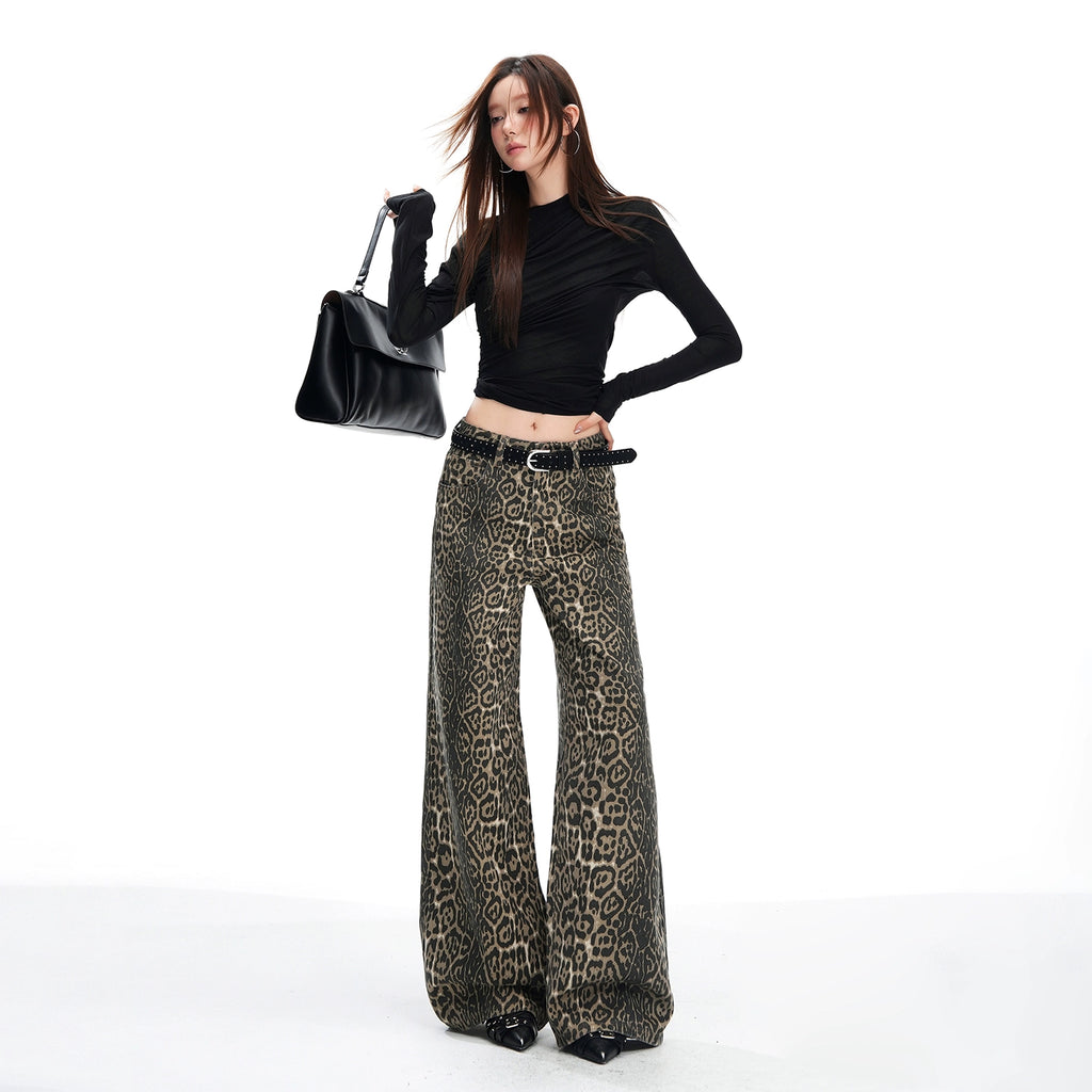KPSR Retro Leopard Print Low-rise Flared Pants