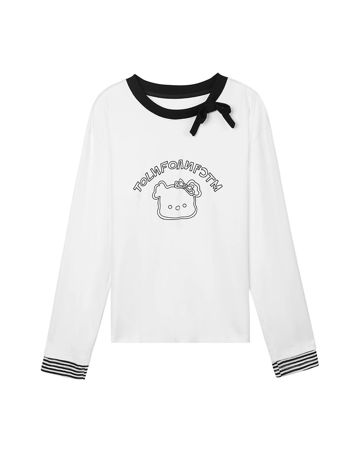 XUJING Bow Crew Neck Print Splicing Long Sleeve