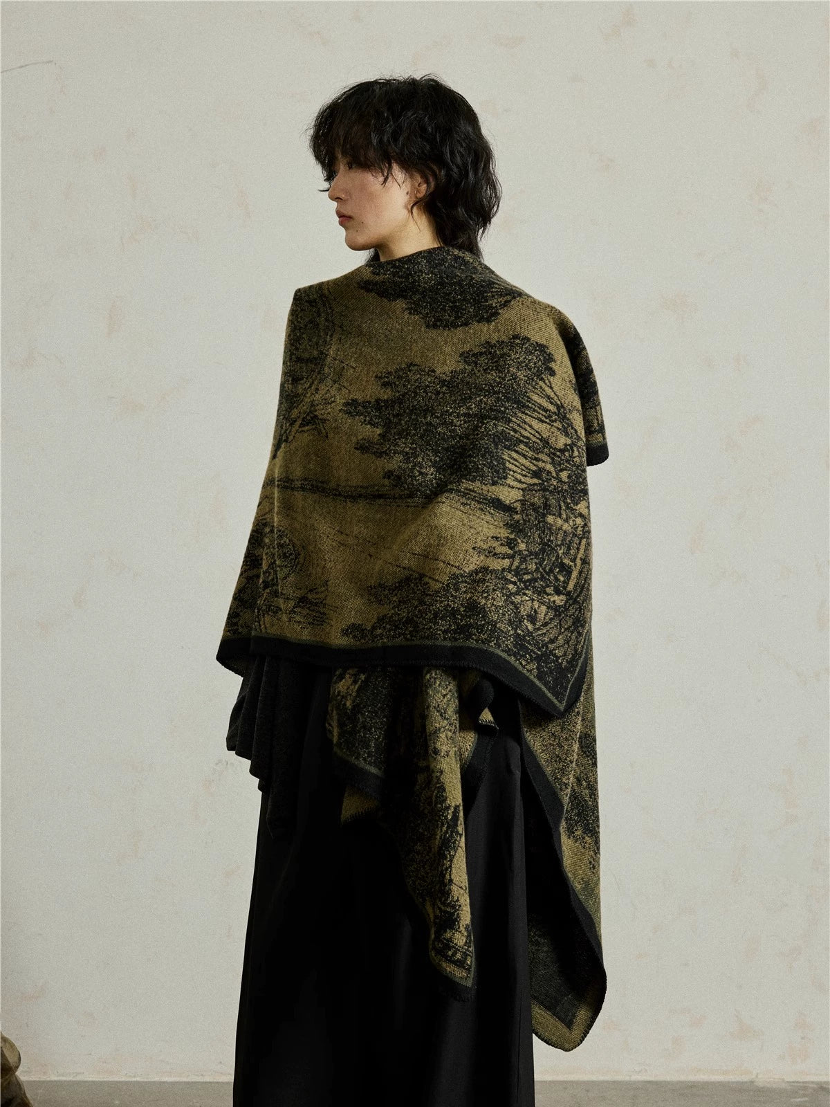 SUNYVONNE Ink Painting Split Cloak Large Shawl
