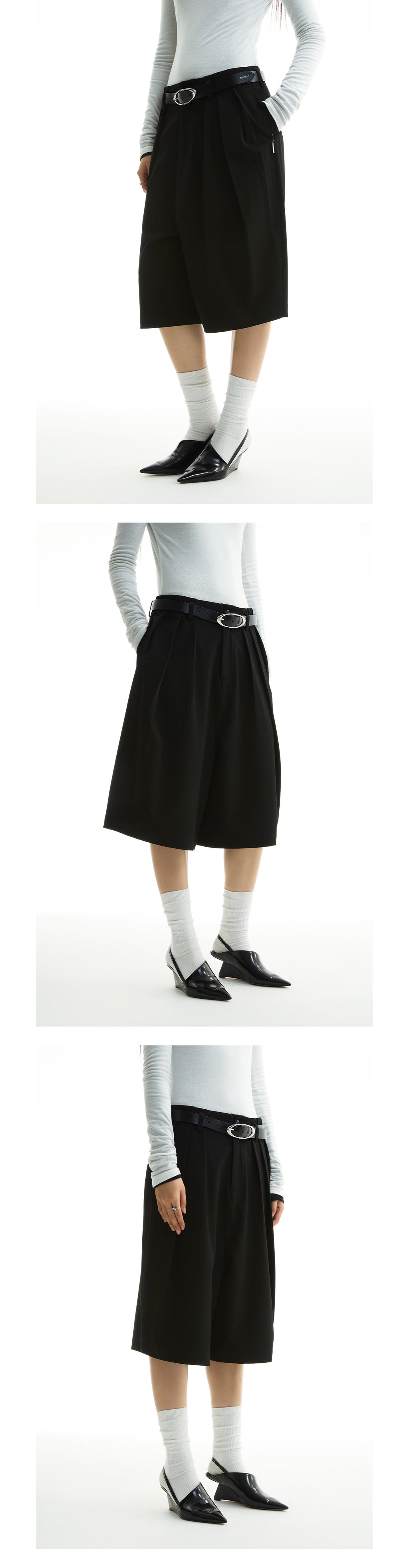 FUNKYFUN 2025SS Double-piece pleated design waistless wide five-point low-crotch trousers shorts