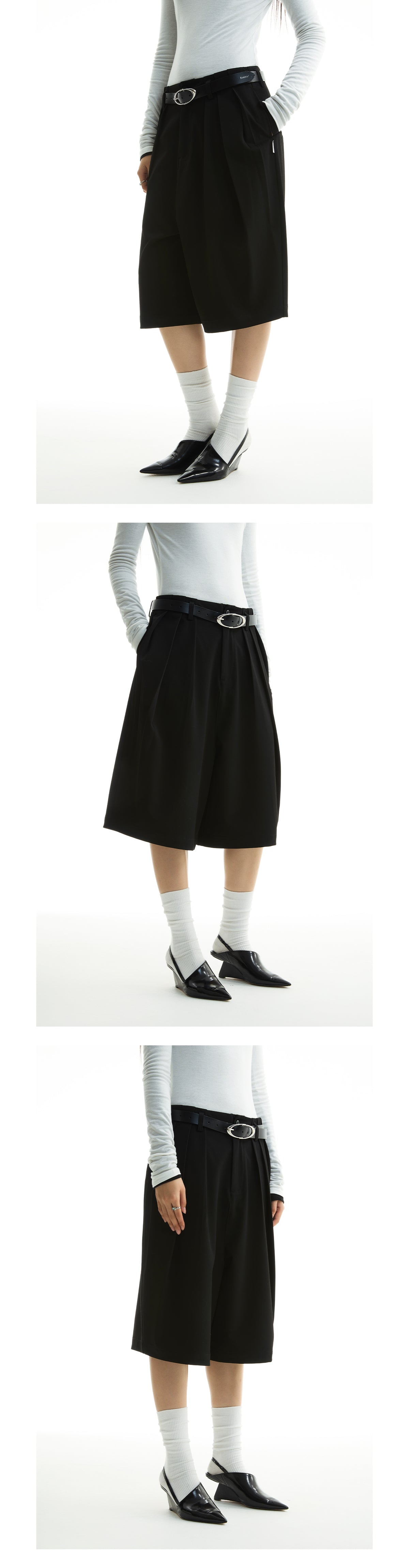 FUNKYFUN 2025SS Double-piece pleated design waistless wide five-point low-crotch trousers shorts