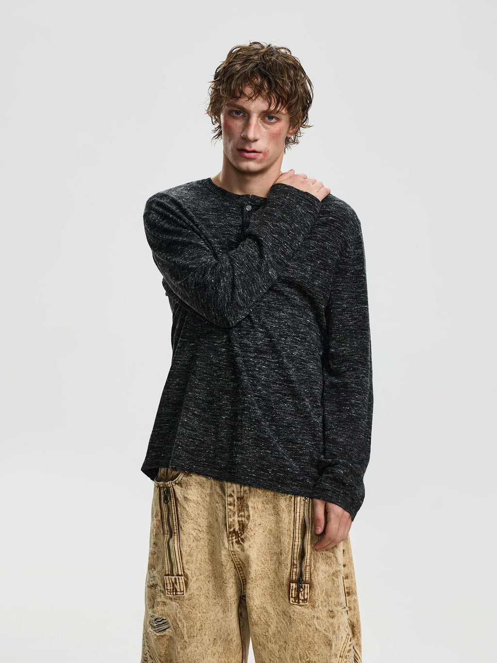 BTSG retro linen blend texture Henry neck knitted long sleeve sweater