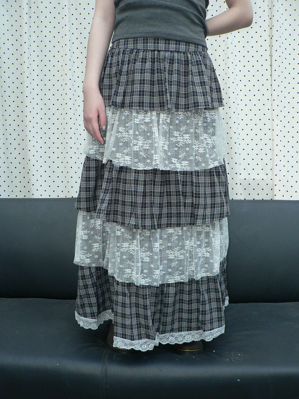 Ang:project Plaid Paneled Floral Mesh Maxi Skirt