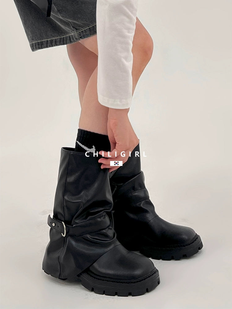 CHILIGIRL Belt Pleated Handsome Stacked Pants Tube Boots