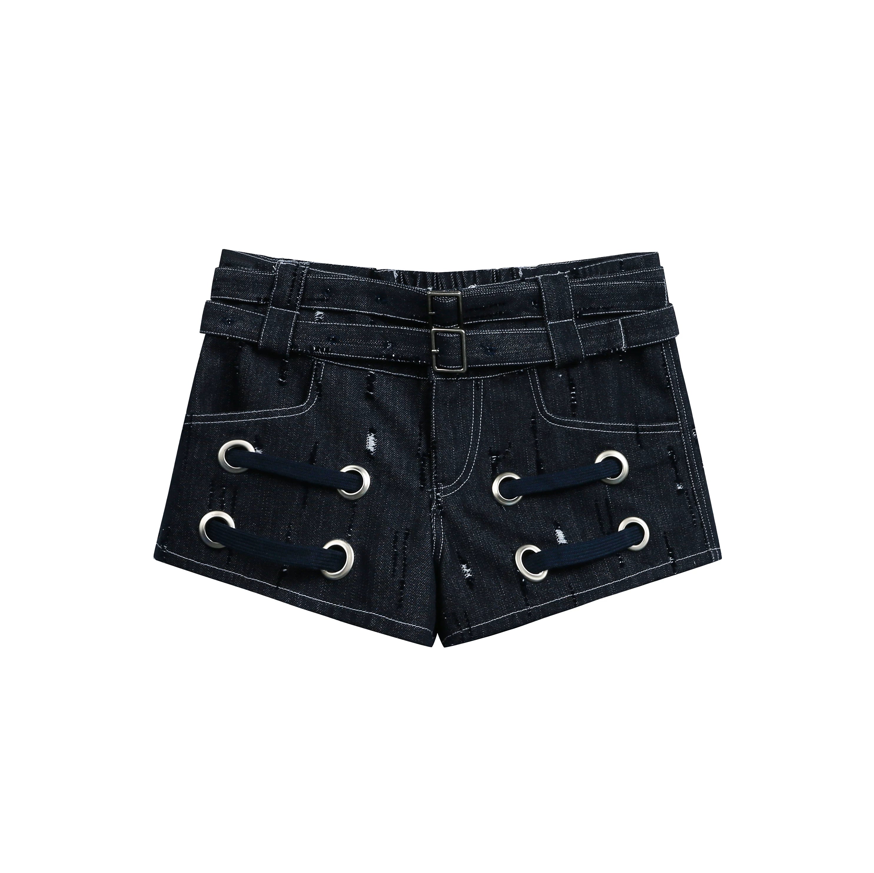 JIKOO Double Belt Denim Shorts