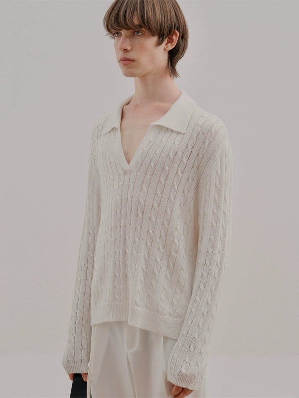 COLN Deep V Lapel Twist Knitted Sweater