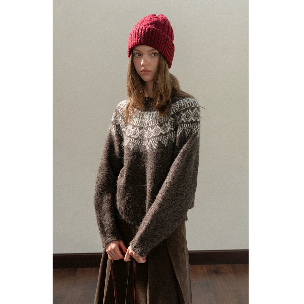 EGGKA Retro Crew Neck Pullover Jacquard Sweater