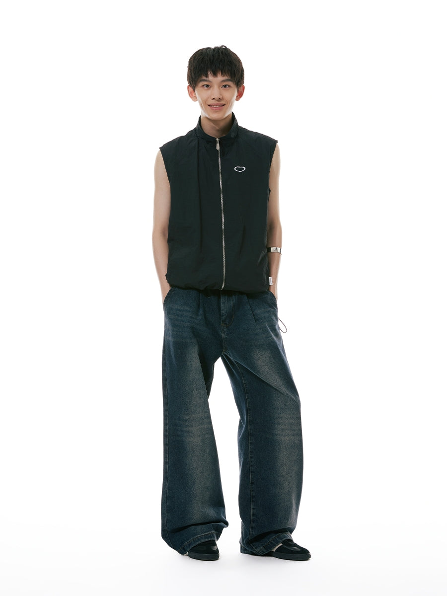 FUNKYFUN Pleated Design Trendy Washed Straight Jeans