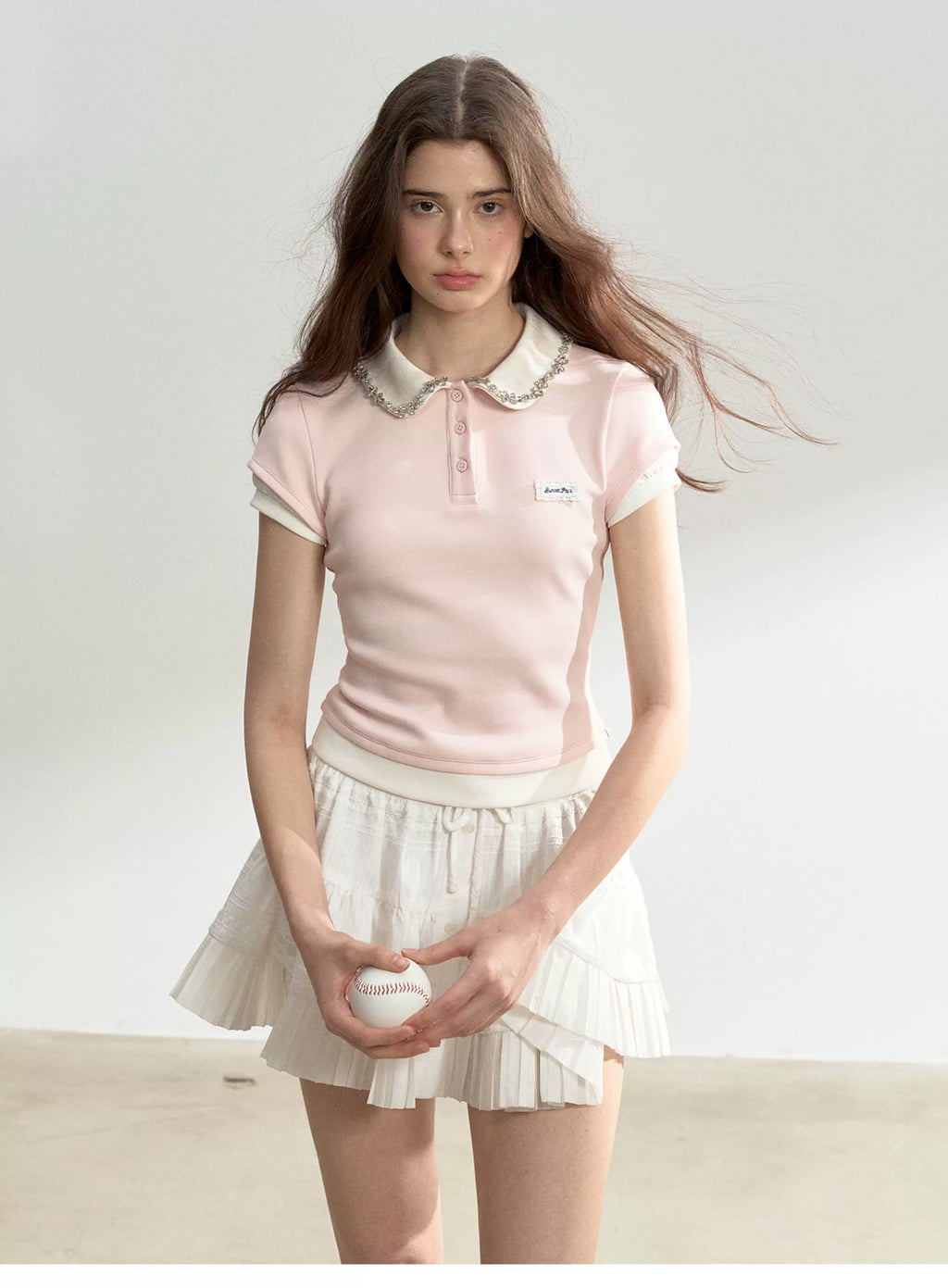 SunsetPark Splicing Fake Two-piece Polo Rhinestone Collar Tee