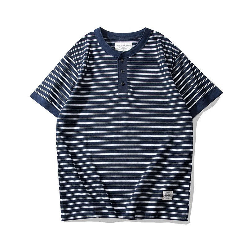 PrintAce Vintage Knitted Striped Henry Collar Button Tee