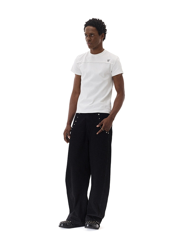 CRICLE CAGE Slim-fit Embroidery Tight Front Shoulder Tee