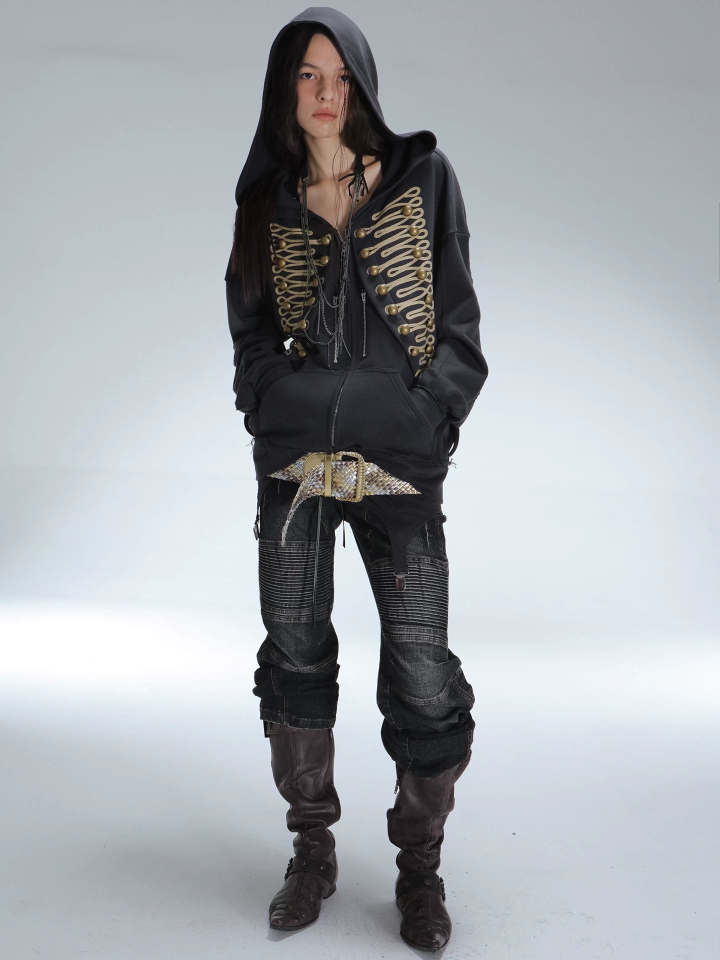 DoublePunch Embroidered Metal Buckle Loose Hooded Jacket