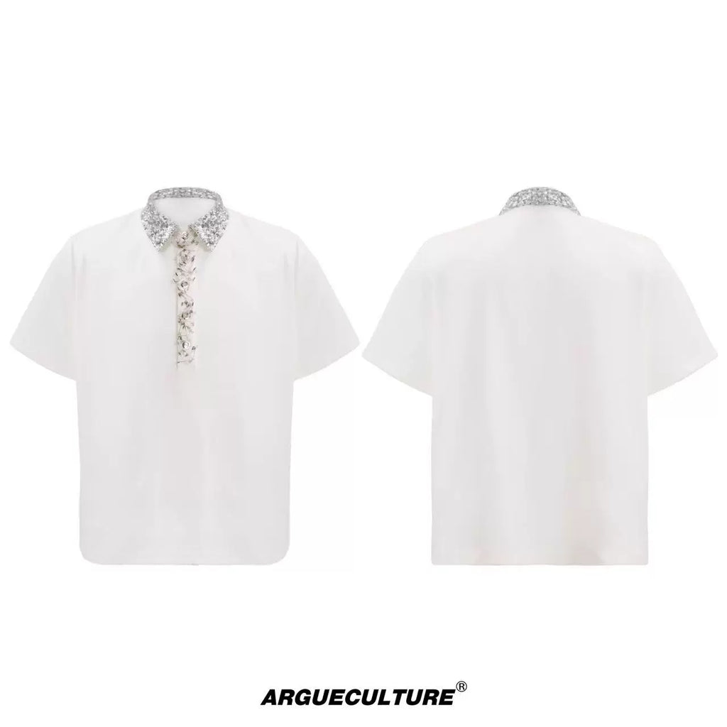 ArguECulturE Niche Sequined Square Neck Loose Polo Shirt Tee