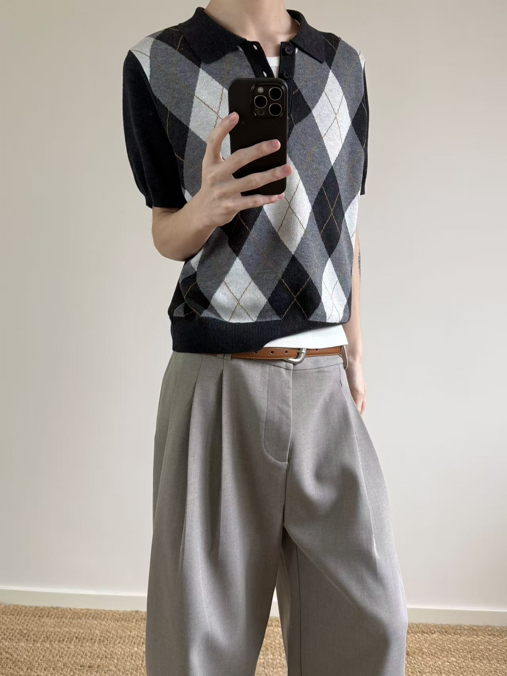 MANUSCRIPT Casual Front Shoulder Plaid Lapel Tee