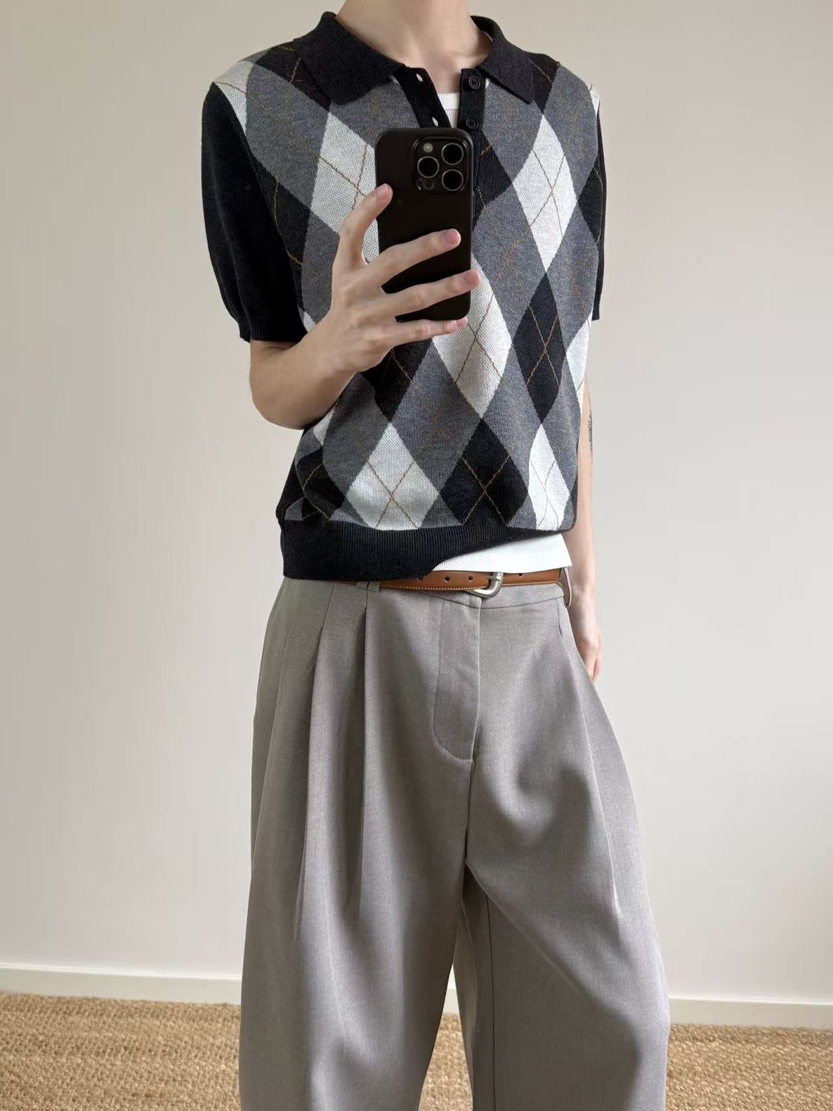 MANUSCRIPT Casual Front Shoulder Plaid Lapel Tee