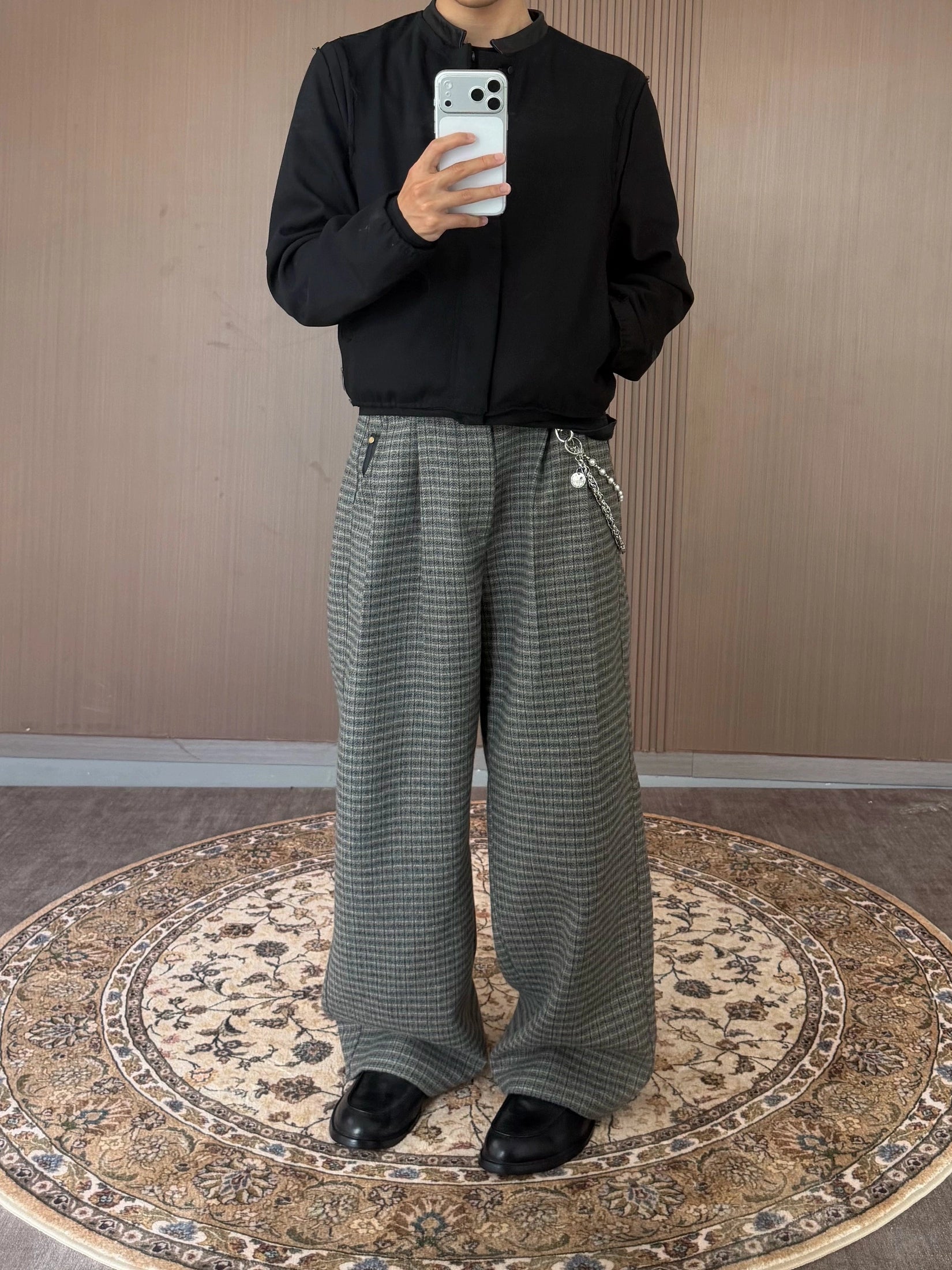 CENSMADE Three-dimensional Cut Wide-leg Plaid Trousers