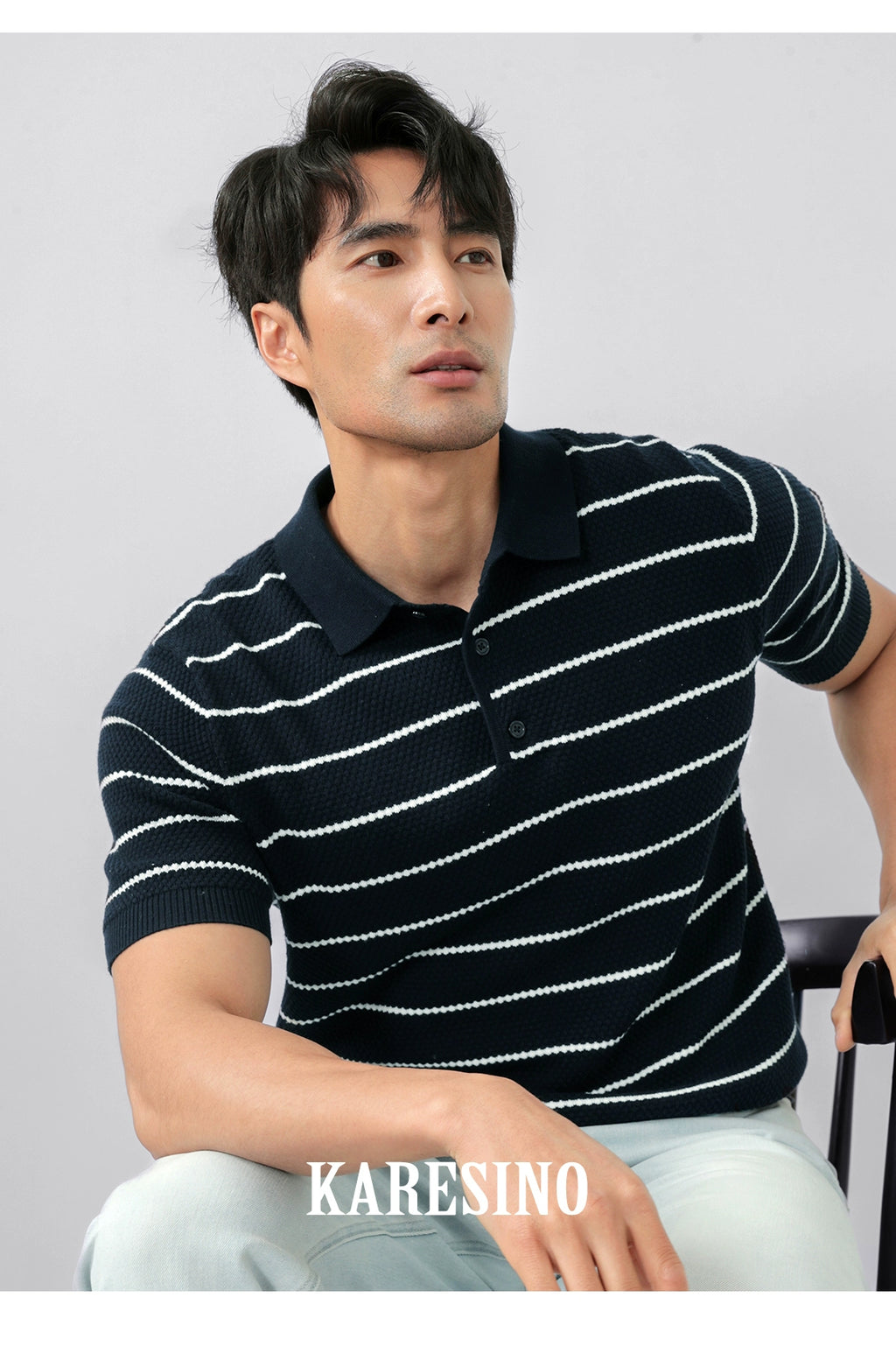 KARESINO Breathable Lapel Striped Polo Knitted Sweater