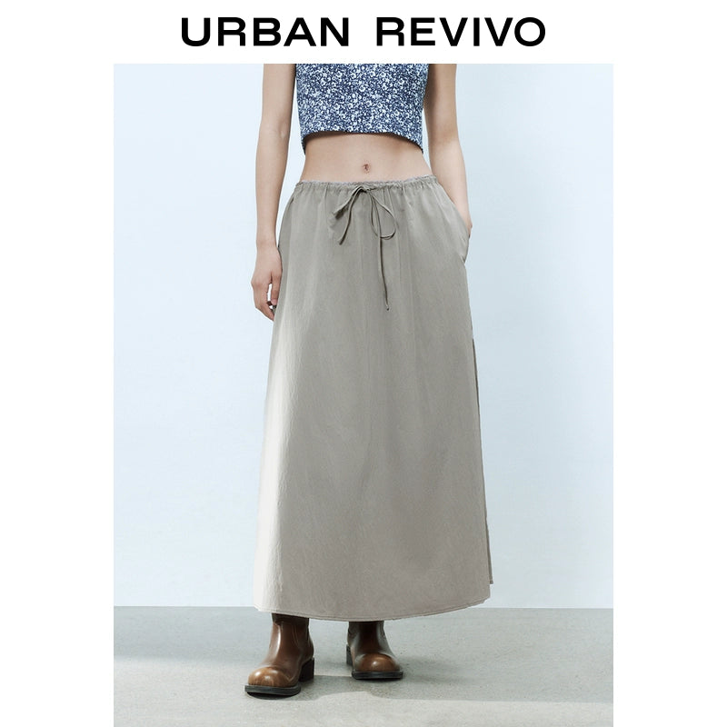 URBAN REVIVO Wave Hipster Super Loose Lace Stitching Medium and Long Skirt