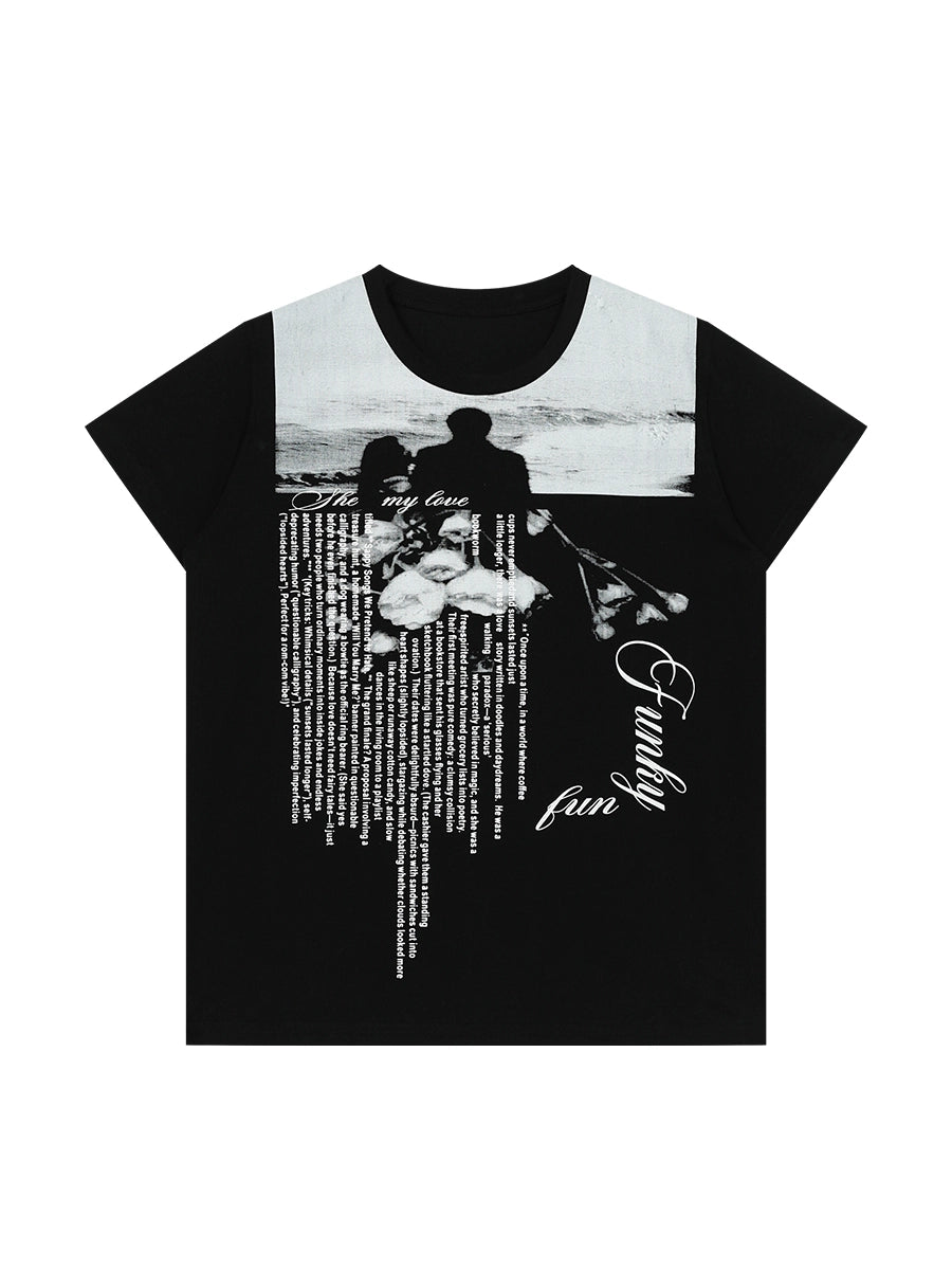 FUNKYFUN Full Print Portrait Slogan Front Shoulder Tee