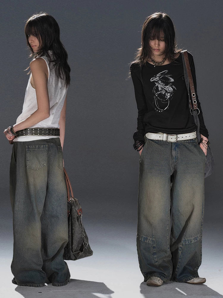 WearAndtear Distressed Riveted Wide-leg Jeans