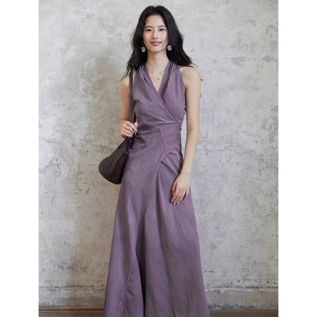 TYANG Temperament Purple V-neck Neck Strap Dress