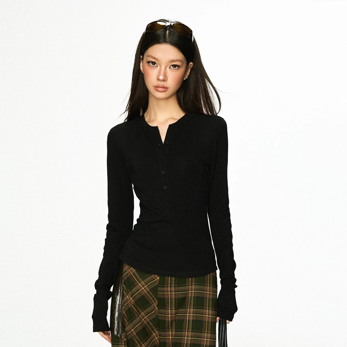 Cherry Melody Henry Collar Button Versatile Primer Long Sleeve