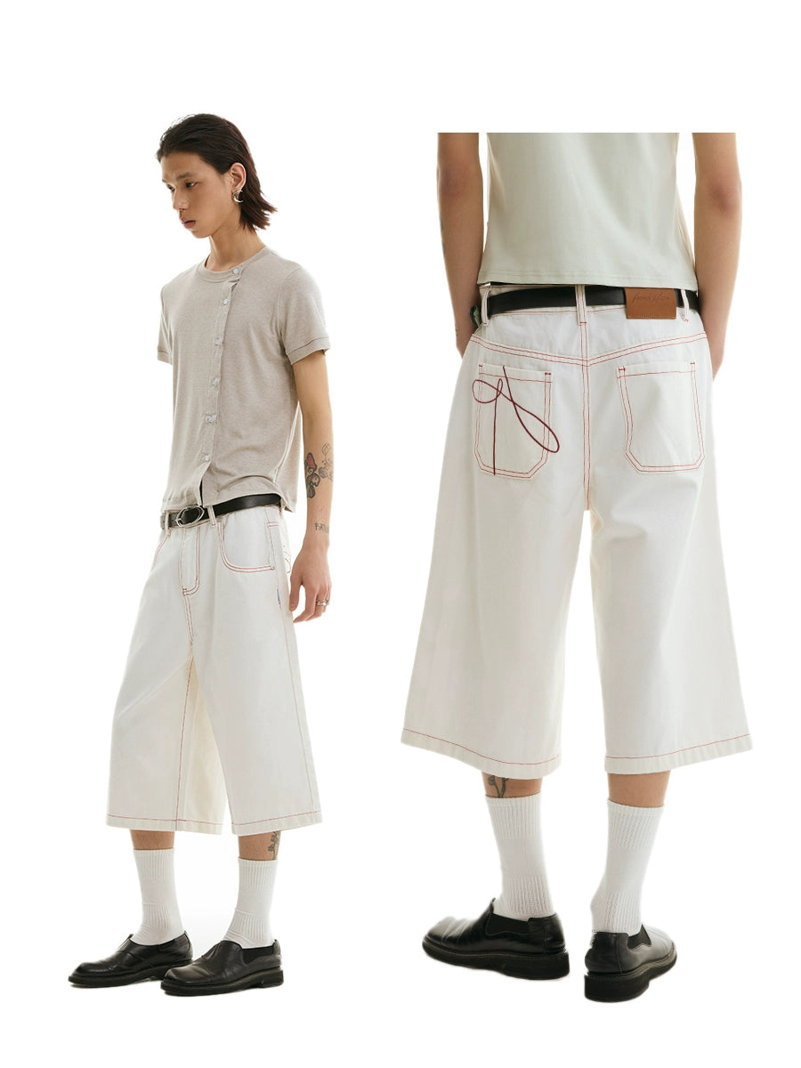 FUNKYFUN Contrasting Stitching Embroidered Eight-point Straight Jeans